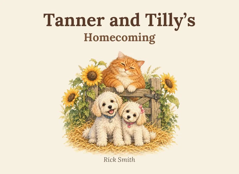 Tanner and Tilly's Homecoming book cover: two cream cockapoo puppies in front of a wooden gate, an orange cat resting on top, sunflowers behind