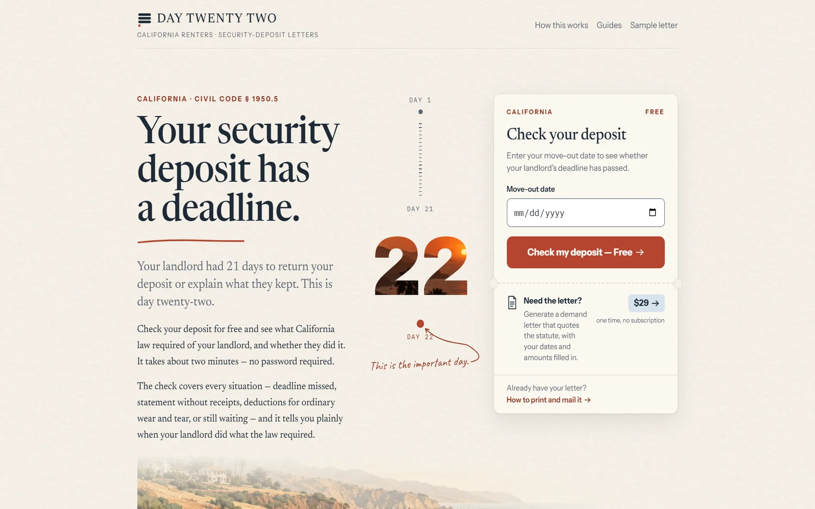 The Day Twenty Two home page: a headline, a timeline to day 22, and the free deposit check