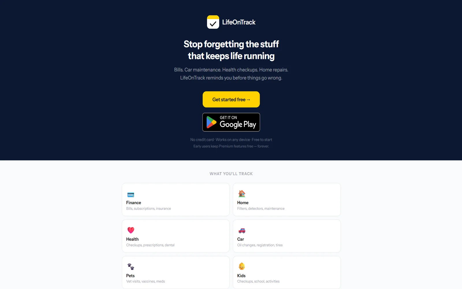 The LifeOnTrack dashboard: counts of overdue, this week, this month and tracked items, and category tiles